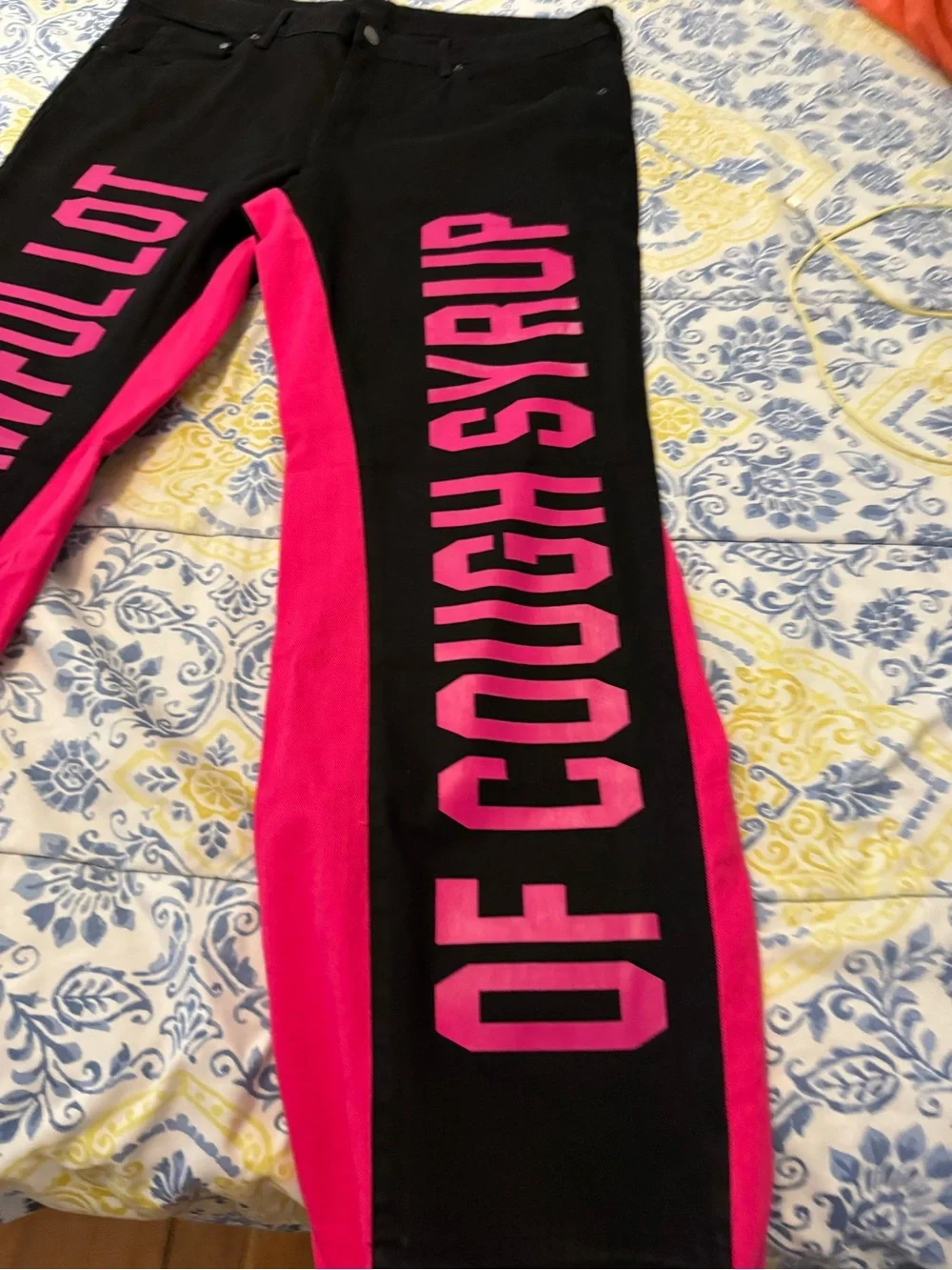 ALOC Men Black Wide-Leg Jeans with Hot Pink Side Panels and Bold Pink Letteringy